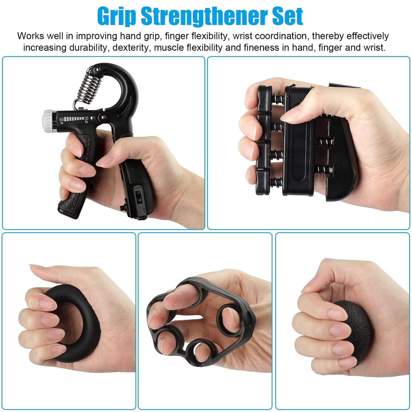 5Pcs Hand Grip Strengthener Set, Adjustable Resistance 22 to 132Lbs Hand Gripper Strength Trainer, Finger Exerciser, Finger Stretcher, Grip Loop, Stress Relief Ball